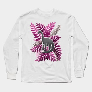 Dinosaur & Leaves - Pink Long Sleeve T-Shirt